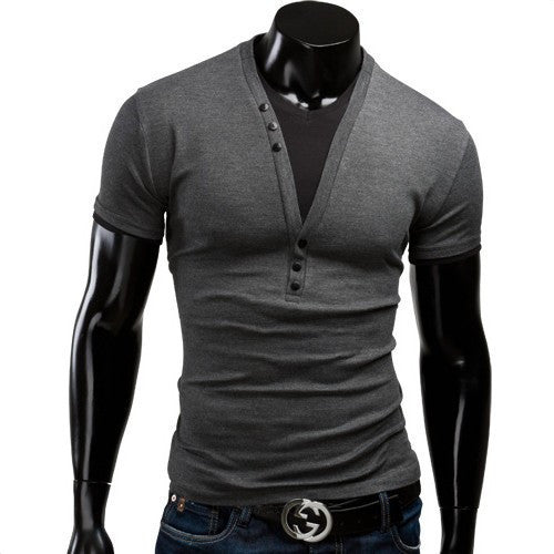 Fit Slim 2015 New Fashion Men T-Shirt Fake Two Piece T-Shirt V-Neck Casual Fashion Solid Leisure Suit Free Shipping 5 Color