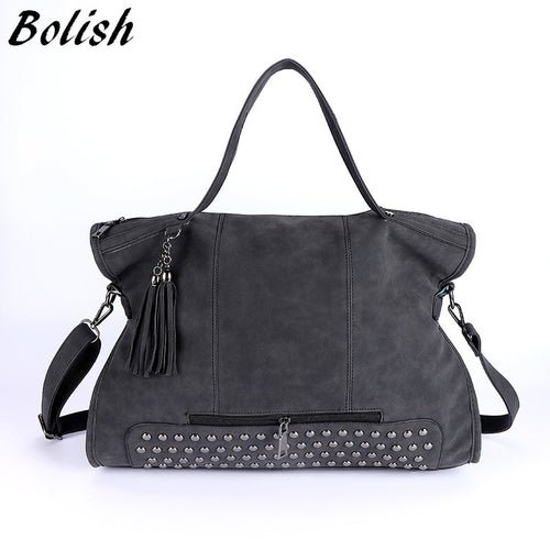 Rivet Nubuck Leather women bag Fashion Tassel Messenger Bag Vintage Shoulder Bag Larger Top-Handle Bags  Mummy Package