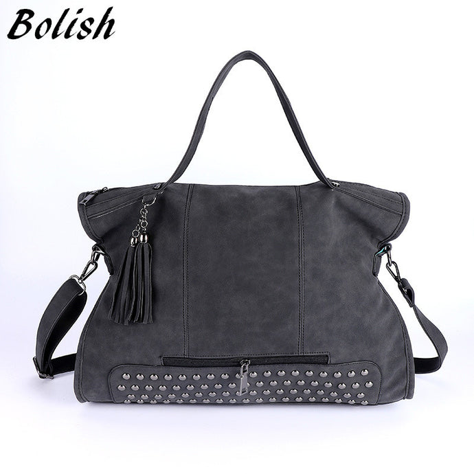 Rivet Nubuck Leather women bag Fashion Tassel Messenger Bag Vintage Shoulder Bag Larger Top-Handle Bags  Mummy Package