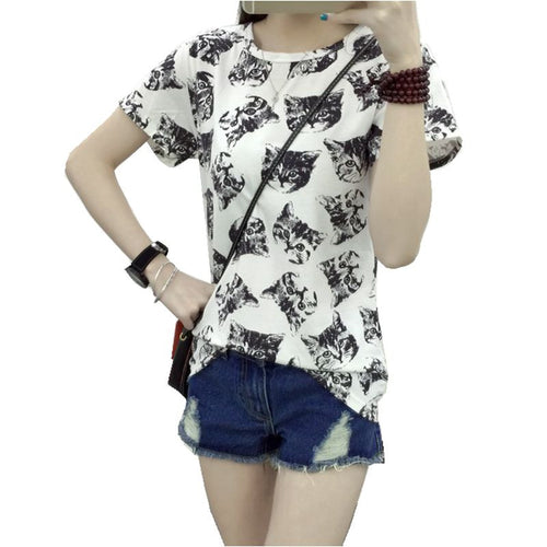 Women Dress Summer New Fashion Female T-shirt Korean Sweet Cartoon Cat Printed Ladies Short Sleeve Tops Factory Outlets